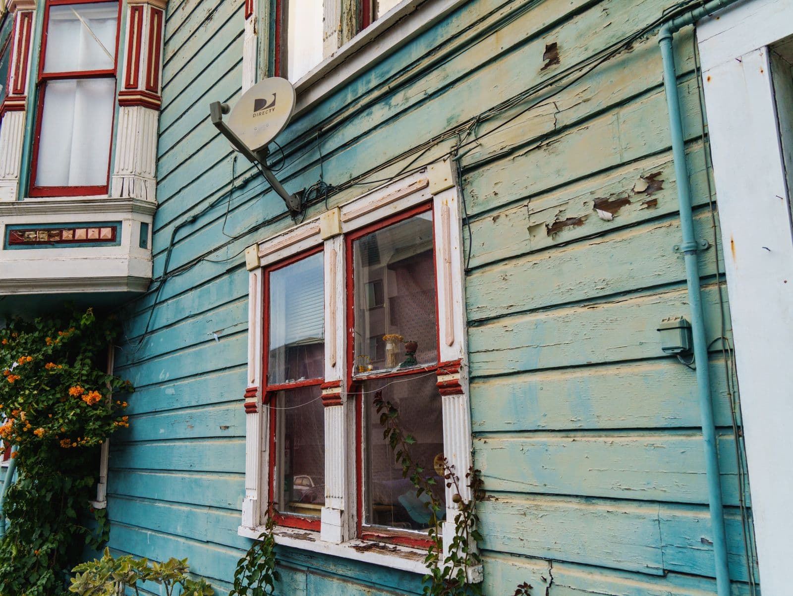 Peeling paint on teal wooden lap siding around a window
